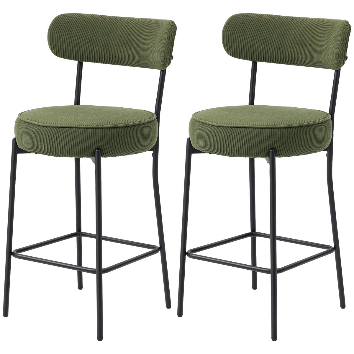 Set of 2 Barstools, Upholstered Corduroy Bar Stools with Backrest, Footrest for Kitchen Island, Dining Room, Green