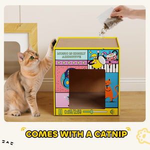 2 in 1 Cardboard Cat House, Cat Scratcher for Indoor Cats with Scratching Board & Catnip