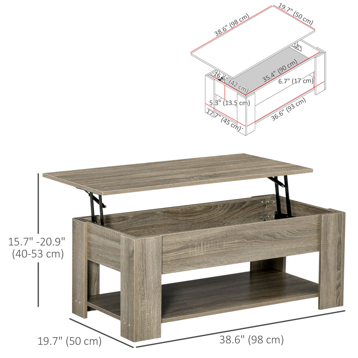 Lift Top Coffee Table with Hidden Storage Compartment and Open Shelf, Center Table for Living Room, Grey – view 2