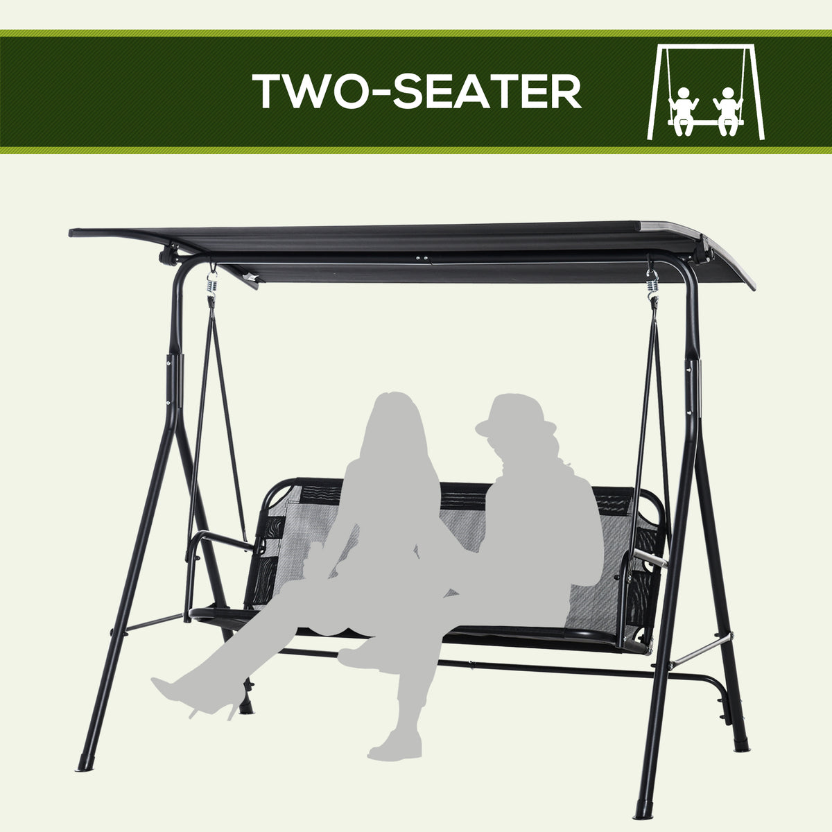 2-Person Porch Swing Chair, 2 Seater Patio Swing Bench w/ Adjustable Canopy, Breathable Seat for Garden – view 3