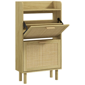 Slim Shoe Storage with 2 Flip Drawers and Adjustable Shelves, Rattan Shoe Cabinet Organizer for 12 Pair, Oak