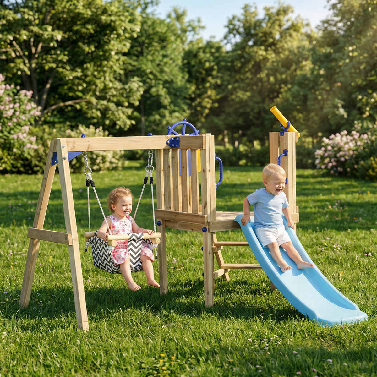 Wooden Kids Swing Set with Slide, Swing Seat, Captain's Wheel, Telescope, for Ages 18-48 Months, Natural