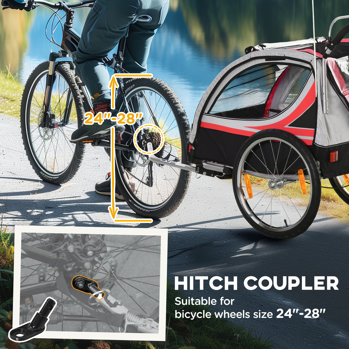 Aosom 2 Seat Bike Trailer for Kids 2-in-1 Double Baby Stroller with Handbrake, Rubber Wheels, 5 Point Harness, Waterproof Cover, Storage Bag, Reflectors