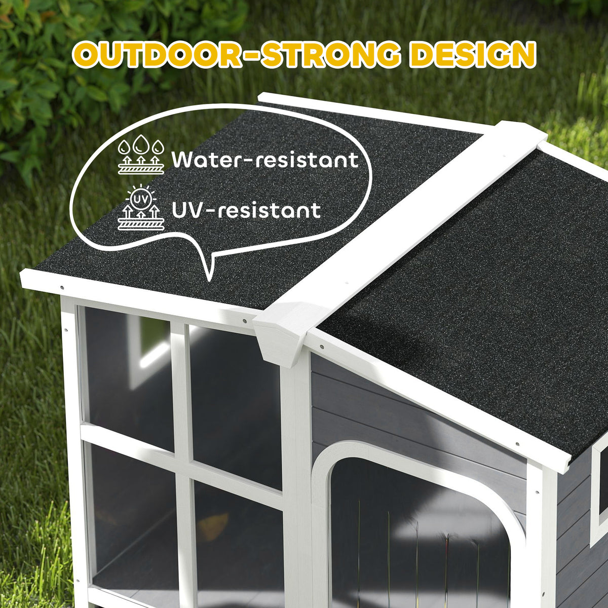 Wooden Dog House, Raised Pet Kennel with Removable Bottom, Openable Asphalt Roof, Door Curtain, Side Windows, Dark Grey