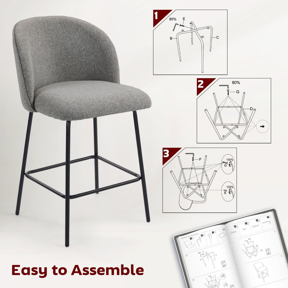 Set of 2 Counter Height Barstools, Upholstered Linen Bar Stools with Backrest, Footrest and Steel Legs – view 6