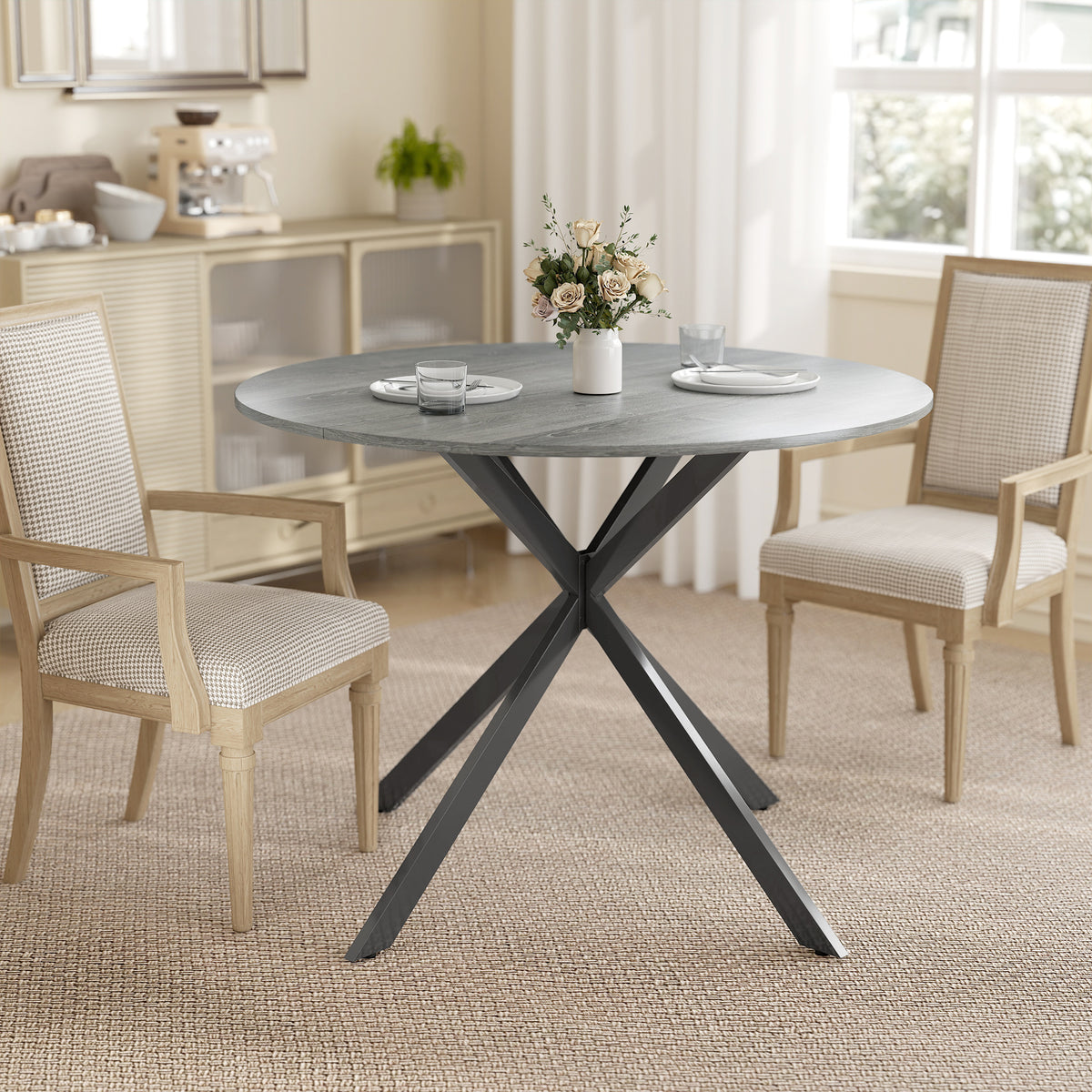 40" Round Kitchen Table for 4, Industrial Dining Table with Steel Legs for Dining Room, Distressed Grey