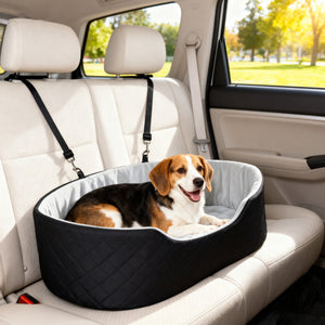 Dog Car Seat for Small Medium Pets, Detachable Washable Pet Bed with Cushion and Safety Belt for Dog Under 33lbs, Black