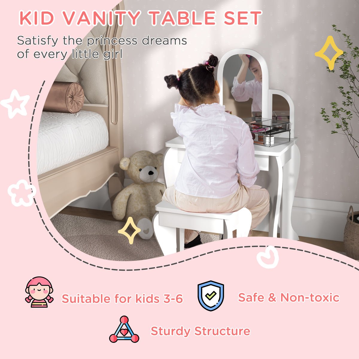 Qaba Kids Dressing Table and Chair Set, Girls Dressing Set, Makeup Desk with Drawer for 3-6 Years Old Kids