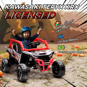 Qaba 12V Ride on Truck, Licensed KAWASAKI TERYX KRX 2WD Kids Electric Car with Rear Suspension for 3-8 Years, Red