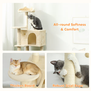 63 Inch Cat Tree with Sisal Scratching Posts, Condos, Plush Perches, Hammock, Ladder, Dangling Balls, Beige – view 6