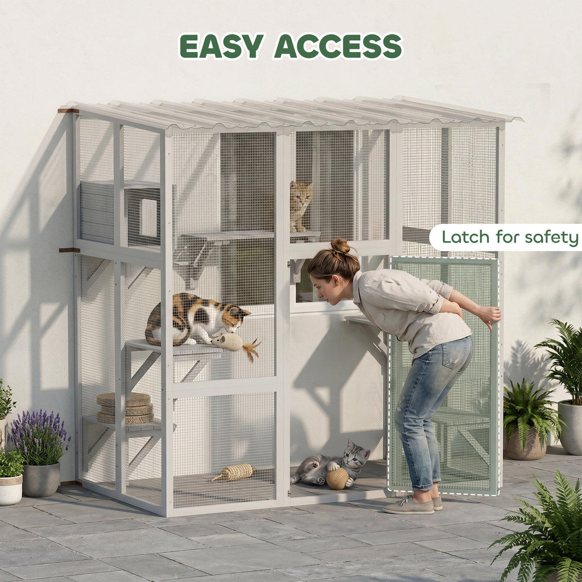 Large Outdoor Catio with Weatherproof Roof, Bridge, Resting Box, Platforms, Grey – view 20