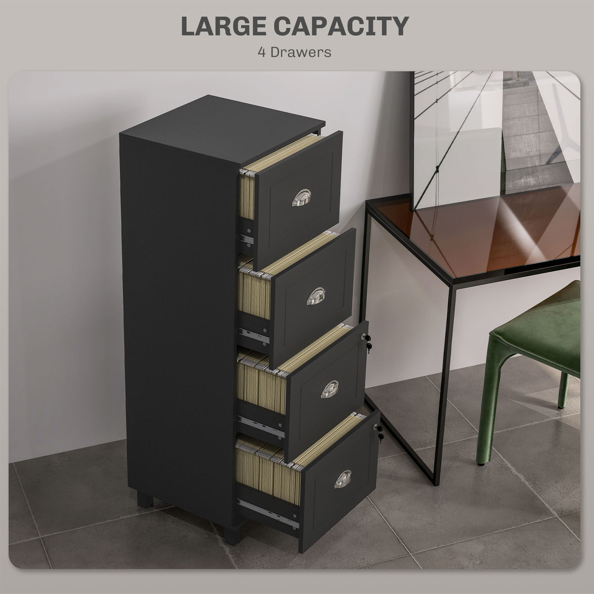 4 Drawer File Cabinet with Lock, Office Filing Cabinet, A4 Letter Size, Hanging File Folders, Black – view 4