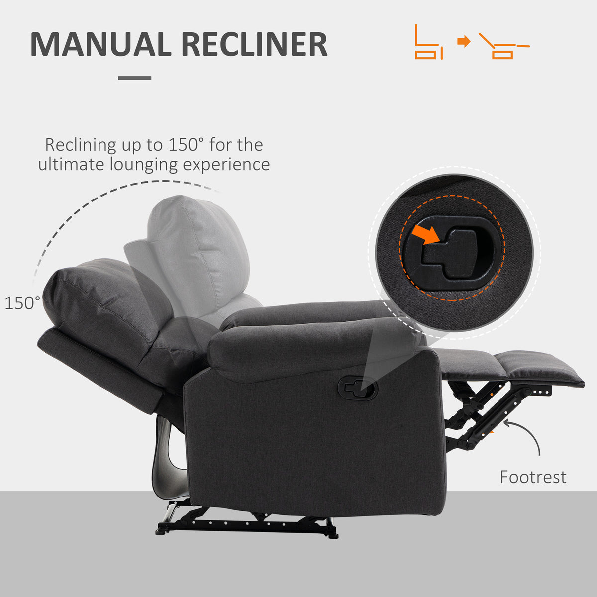 Recliner Chair, Manual Reclining Chair with Footrest, Padded Seat for Living Room, Bedroom, Study, Dark Grey – view 3