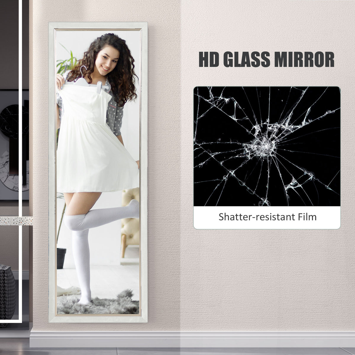 Floor Standing Mirror, Full Body Mirror, Free Standing, Leaning or Wall Mirror with Frame for Bedroom, White
