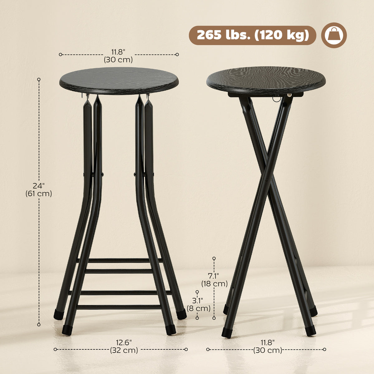 Set of 4 Foldable Barstools, Counter Height Bar Stools with Footrest and Steel Legs for Kitchen Island, Black