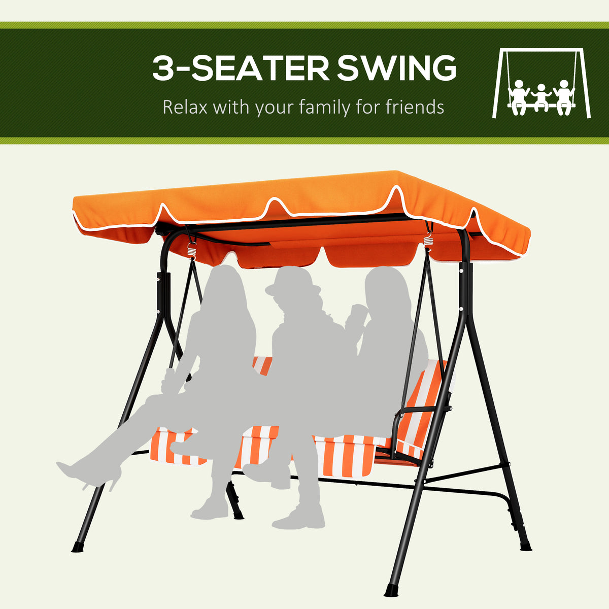 3-Seater Outdoor Porch Swing with Adjustable Canopy, Patio Swing Chair for Garden, Poolside, Backyard, Green and White