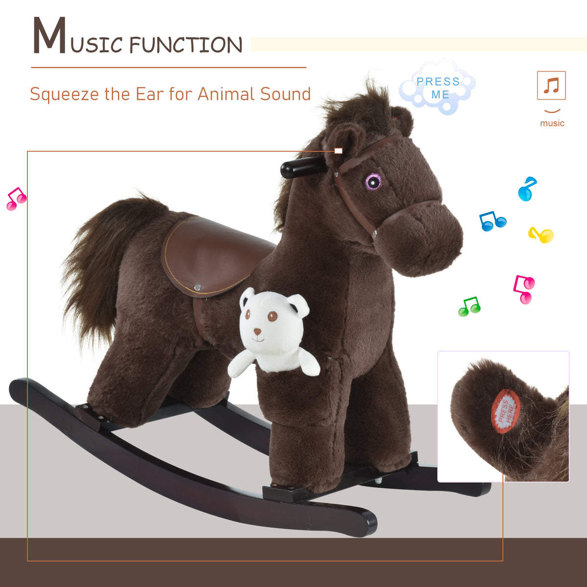 Qaba Kids Rocking Horse Plush Animal on Wooden Rockers with Sounds, Wooden Base and Bear Toy, Baby Rocking Chair