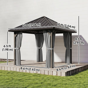 10' x 10' Hardtop Gazebo with Galvanized Steel Roof, Permanent Garden Gazebo with Netting and Curtains