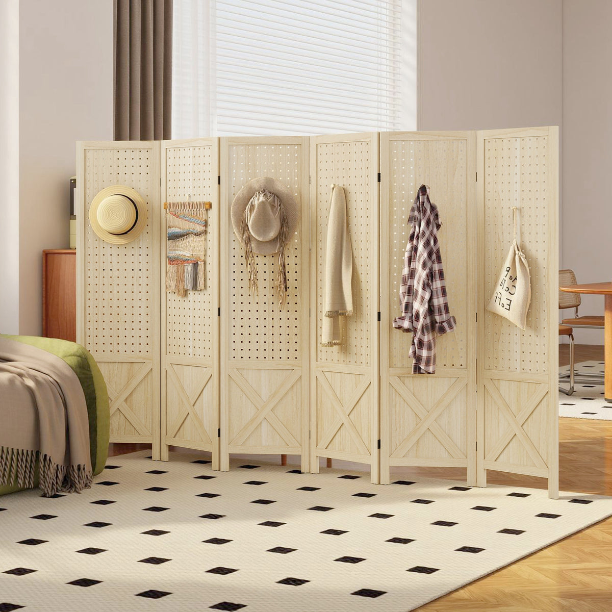 4.7' 3 Panel Wooden Room Divider with Pegboard Display, Folding Privacy Screen for Home Office, Natural – view 35