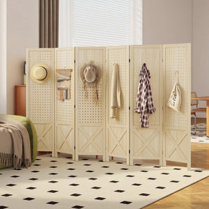 4.7' 3 Panel Wooden Room Divider with Pegboard Display, Folding Privacy Screen for Home Office, Natural – view 35