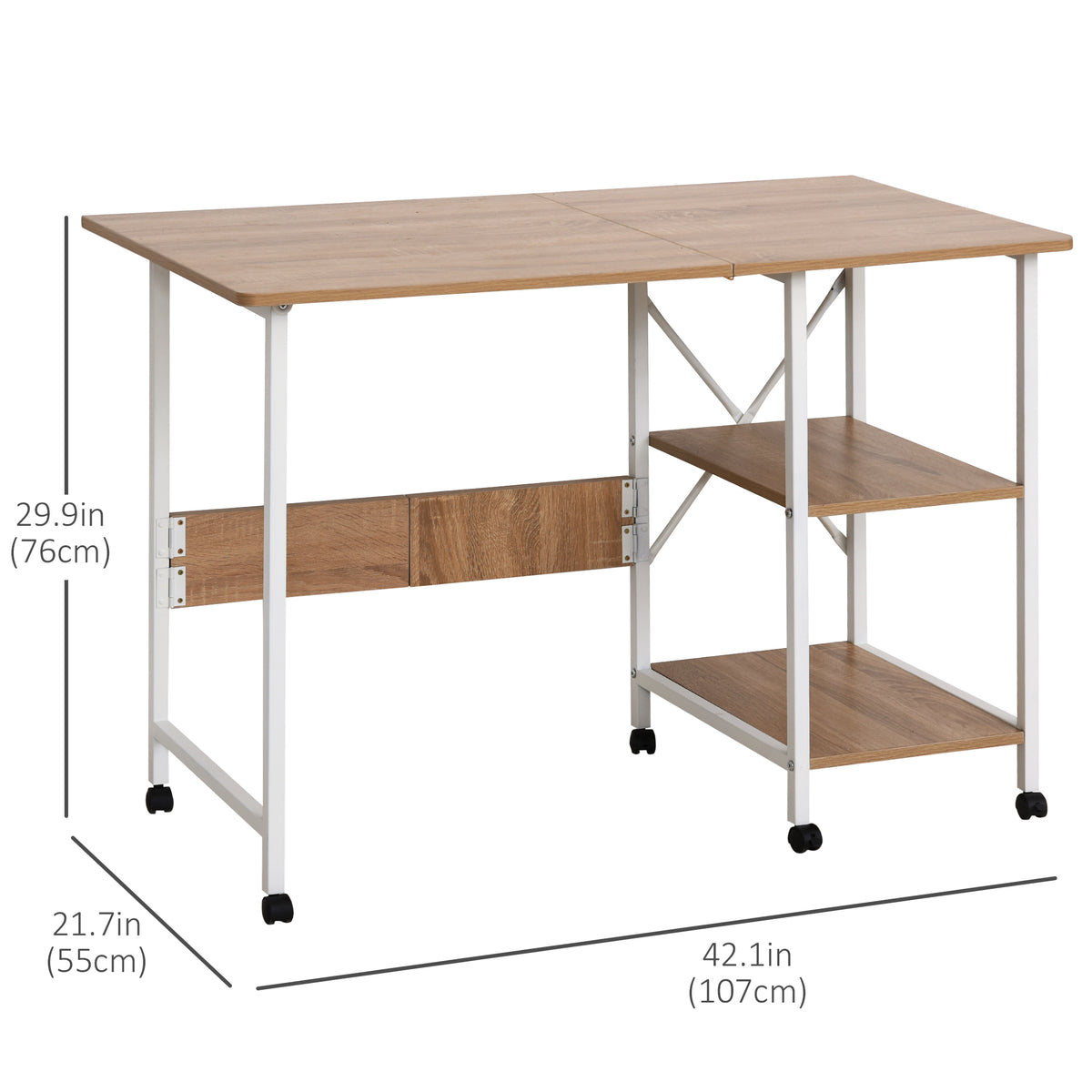Folding Computer Desk with Storage Shelves, Study Writing Table Laptop Desk with 6 Wheels for Bedroom Home Office Workstation, Natural