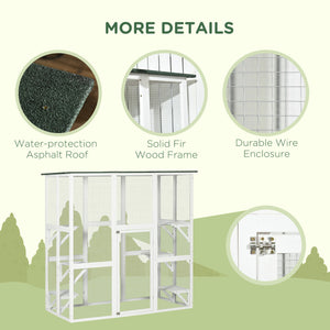 Large Outdoor Catio Enclosure, Weatherproof Cat House with Asphalt Roof,  Wooden Cat Patio Cage with 6 Balanced Platforms, 71" x 39" x 71", Grey