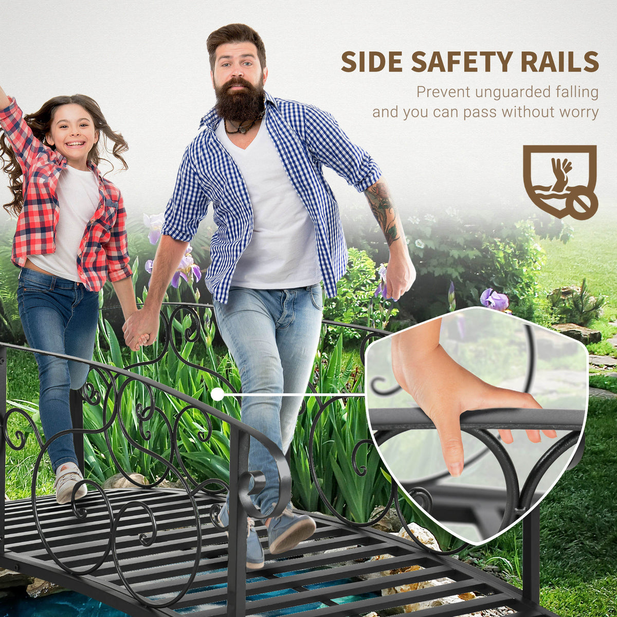 6FT Steel Garden Bridge with Safety Siderails, Decorative Arc Landscaping Bridge for Backyard Creek Stream – view 3
