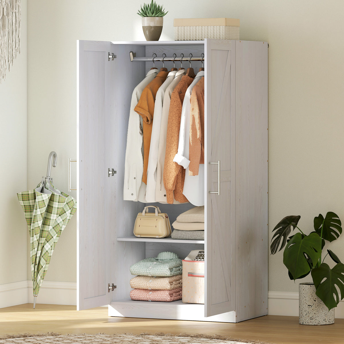 Wardrobe Cabinet with Hanging Rod, Anti-Tipping and 2 Barn Doors, Farmhouse Wardrobe Closet for Bedroom, White Wood Effect