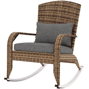 Adirondack Chair, Outdoor Wicker Rocking Chair with High Back, Seat Cushion and Pillow for Porch, Balcony, Cream/Brown