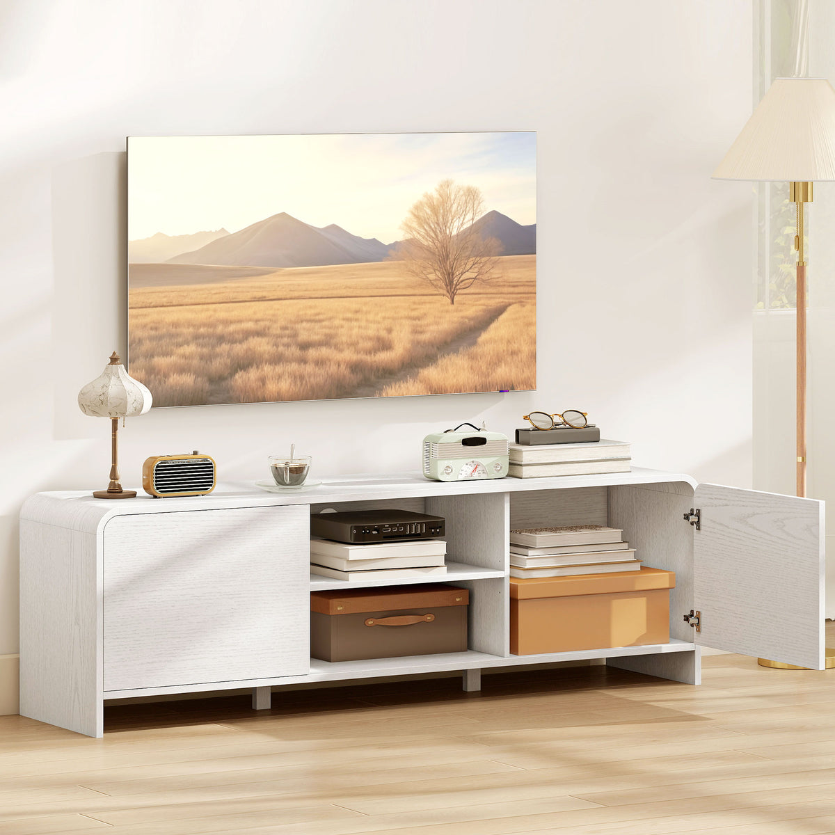 TV Stand for up to 65 Inch TV, Nordic Entertainment Center with 2 Cabinets and 2 Open Shelves for Living Room, Natural