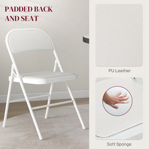 Set of 4 Metal Foldable Chairs, PU Leather Padded Folding Chairs with Cushion Seat and Open Back for Indoor, White