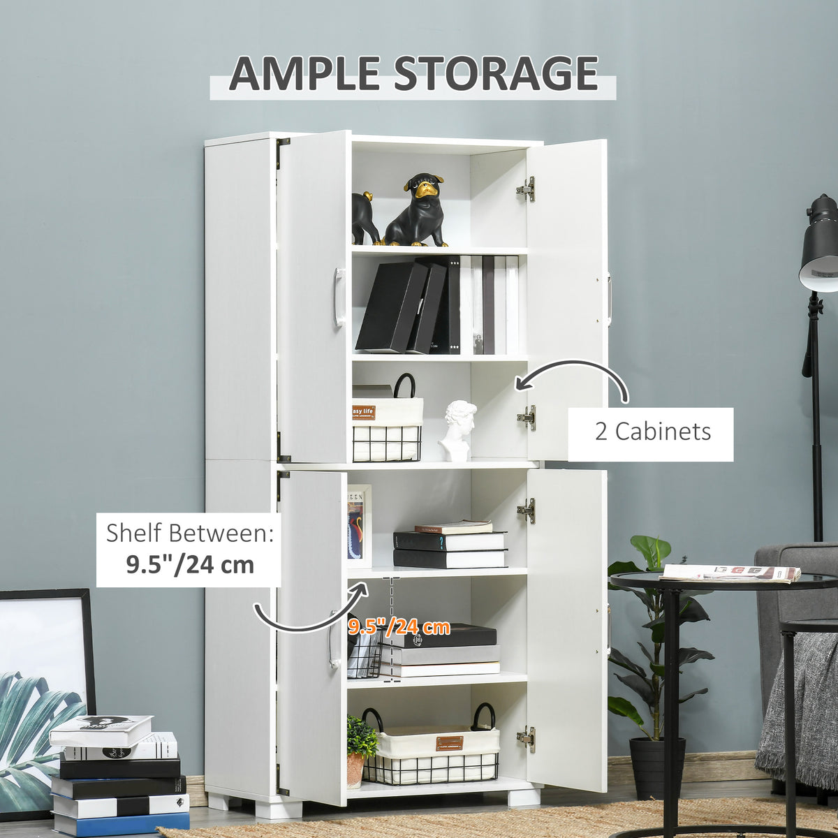 Farmhouse Kitchen Pantry Storage Cabinet with 4 Doors, Kitchen Cabinet with Shelves, White