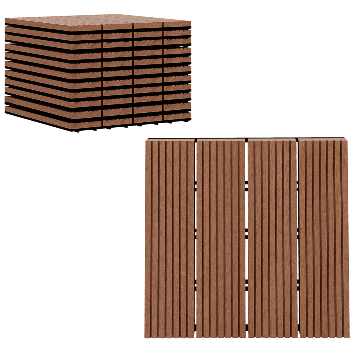 11 Pcs Plastic Interlocking Deck Tiles, 12" x 12" Non-slip Flooring Tiles for Indoor Outdoor Patio Balcony, Light Brown