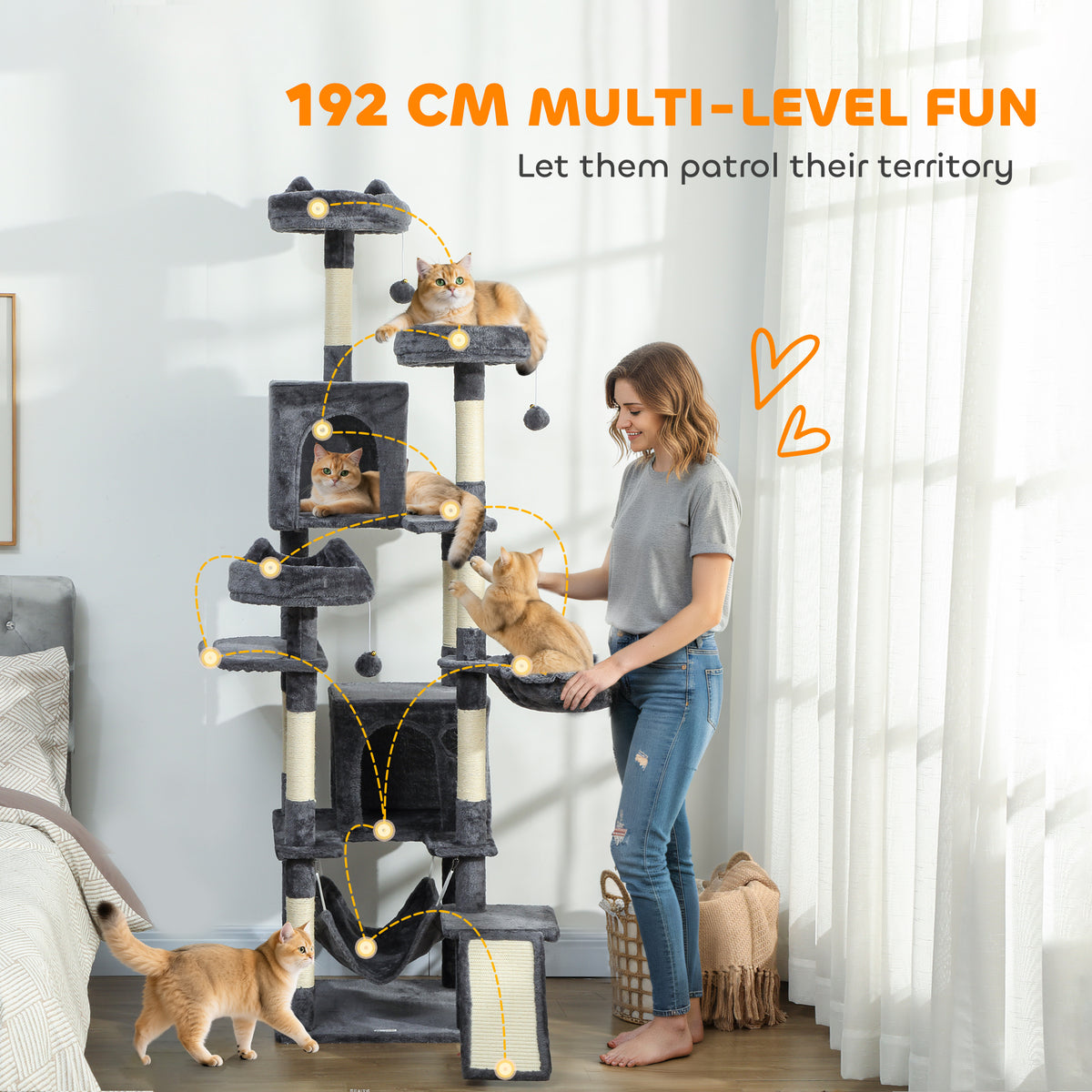 76" Large Cat Tree for Indoor Cats with 8 Scratching Posts, 3 Plush Beds, 2 Hammocks, 2 Large Condos, Ramp – view 3