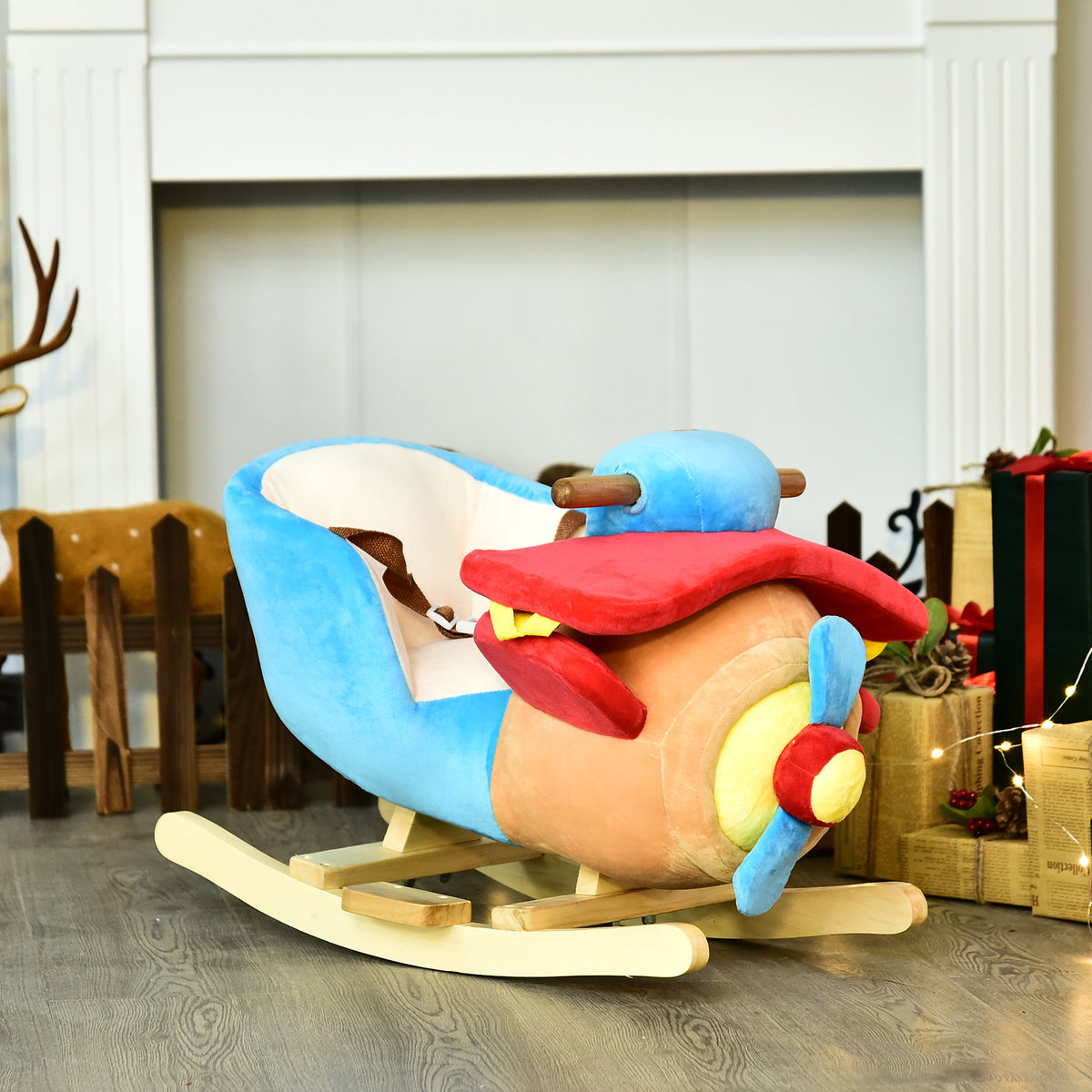 Qaba Baby Rocking Horse Plane Design Plush Stuffed Rocking Chair, Wooden Rocking Horse with Sound, Seat Belt for Boys and Girls Gift, Red