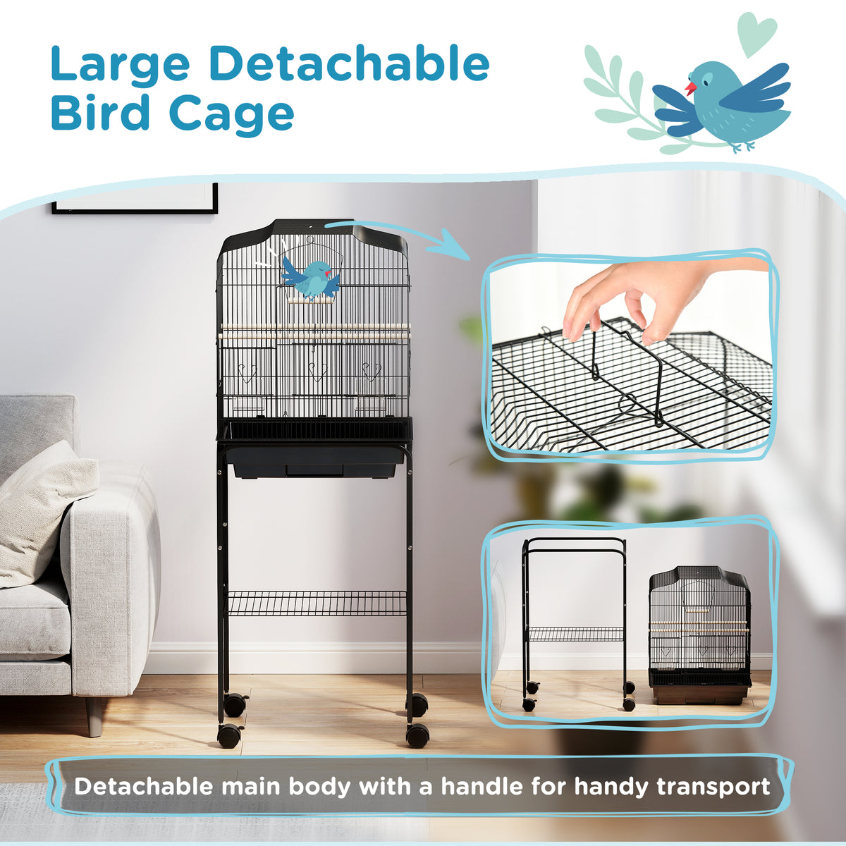 62" Rolling Bird Cage Cockatoo House Play Top Finch Pet Supply with Storage Shelf, Wheels - Black – view 17