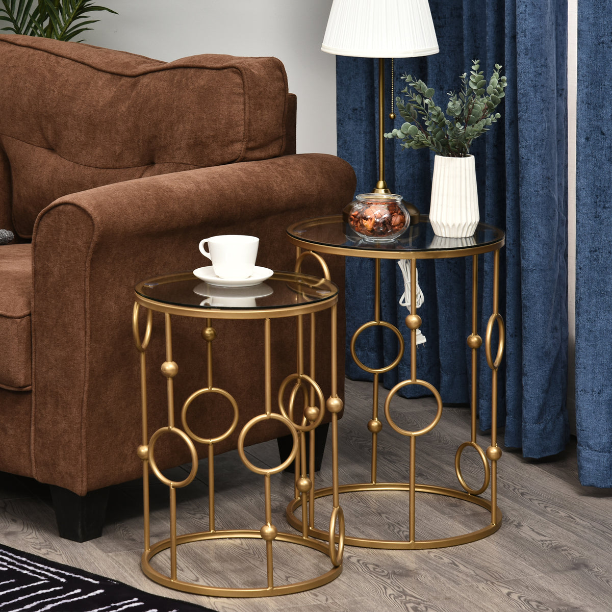 Round Coffee Tables Set of 2, Gold Nesting Side End Tables with Tempered Glass Top, Steel Frame for Living Room