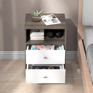 Nightstand Set of 2, Modern Bedside Table, Night Stand for Living Room with 2 Drawers and Open Storage, Grey