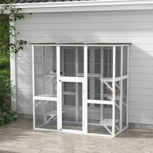 Large Outdoor Catio Enclosure, Weatherproof Cat House with Asphalt Roof,  Wooden Cat Patio Cage with 6 Balanced Platforms, 71" x 39" x 71", Grey