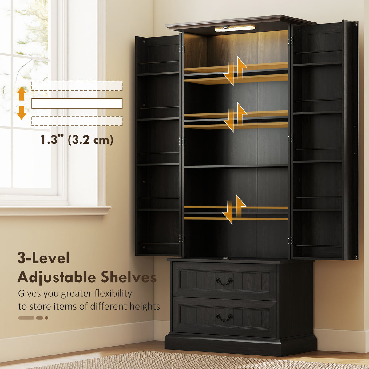 72" LED Kitchen Pantry Cabinet, Buffet Storage Cabinet with 10 Door Shelves – view 5