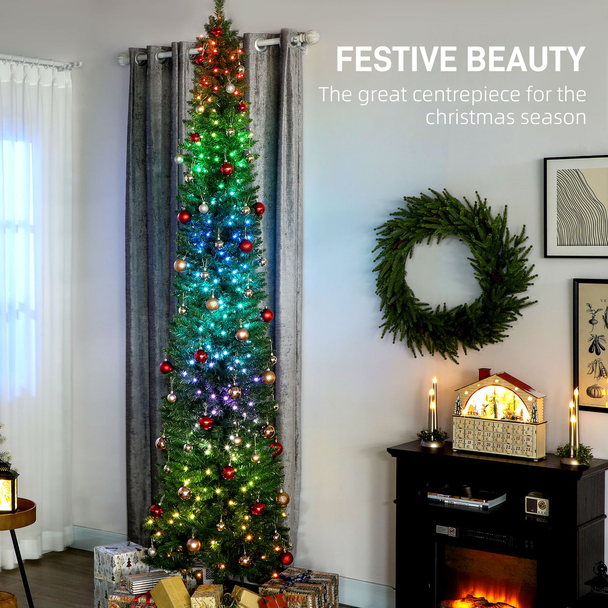 9ft Christmas Tree with Colourful DIY Synchronized LEDs, Hinged Pencil Xmas Tree with Remote, Daily Timer – view 3