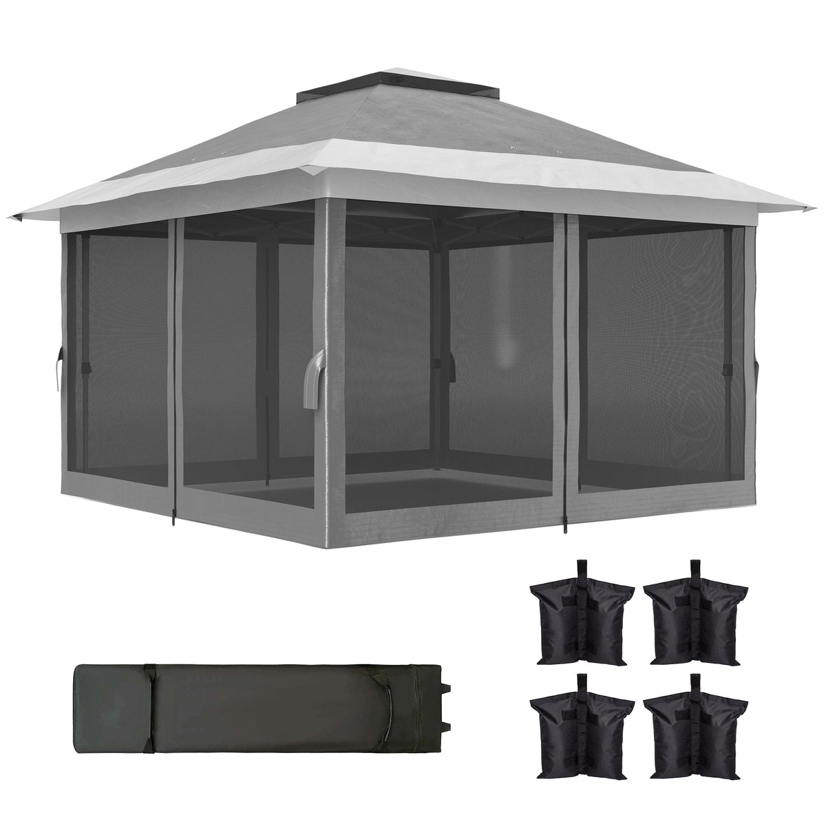 11.7' x 11.7' Pop Up Canopy Tent with Netting, UPF50+ Instant Sun Shelter with Wheeled Carry Bag and Sand Bags