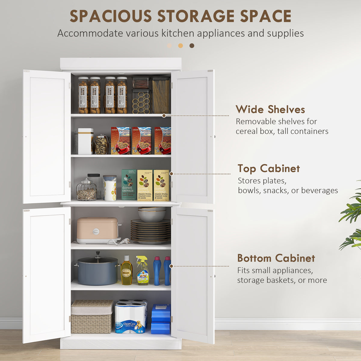 72.5" Freestanding Kitchen Pantry Cabinet with 4 Doors, White