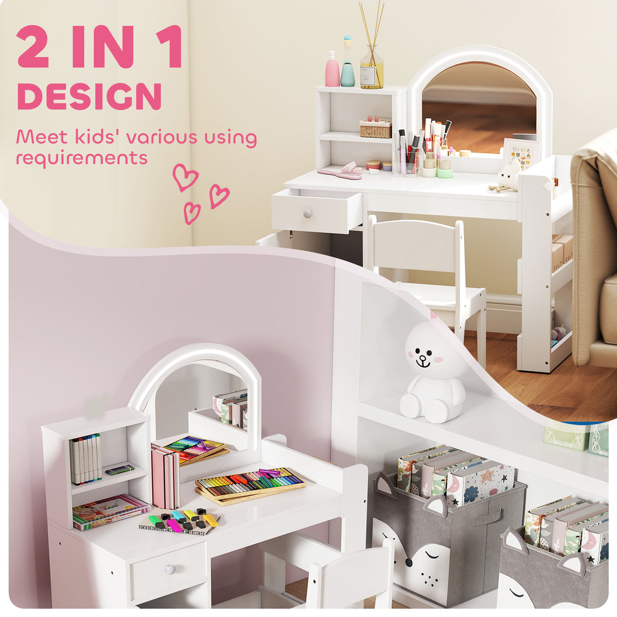 Qaba Kids Vanity Set, Toddler Dressing Table and Chair Set  with Lighted Mirror, Cabinet, Drawer and Shelves