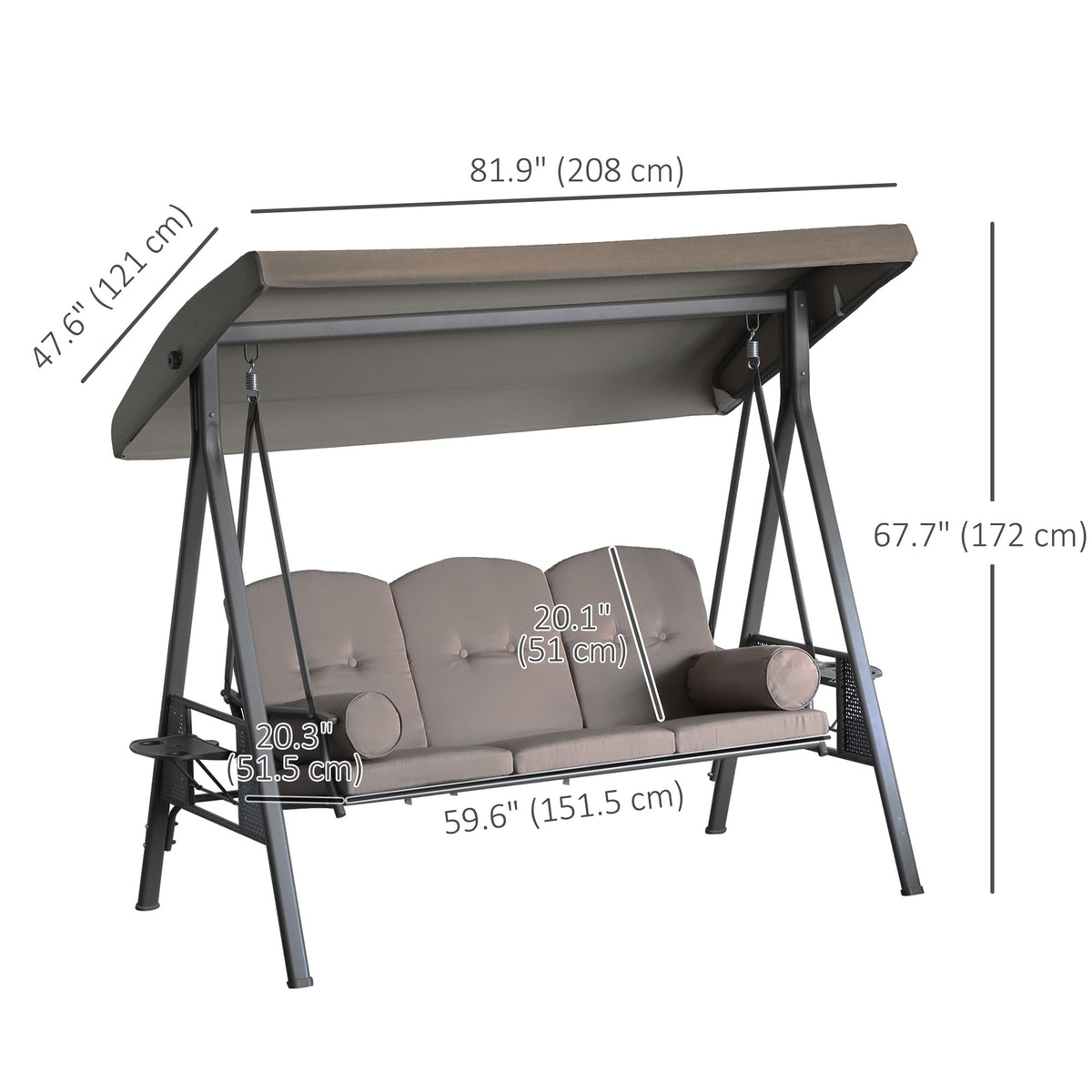 3 Seater Porch Swing Heavy Duty Outdoor Swing Chair Outdoor Lounge Hammock Cushioned Seat W/ Tilt Canopy – view 4