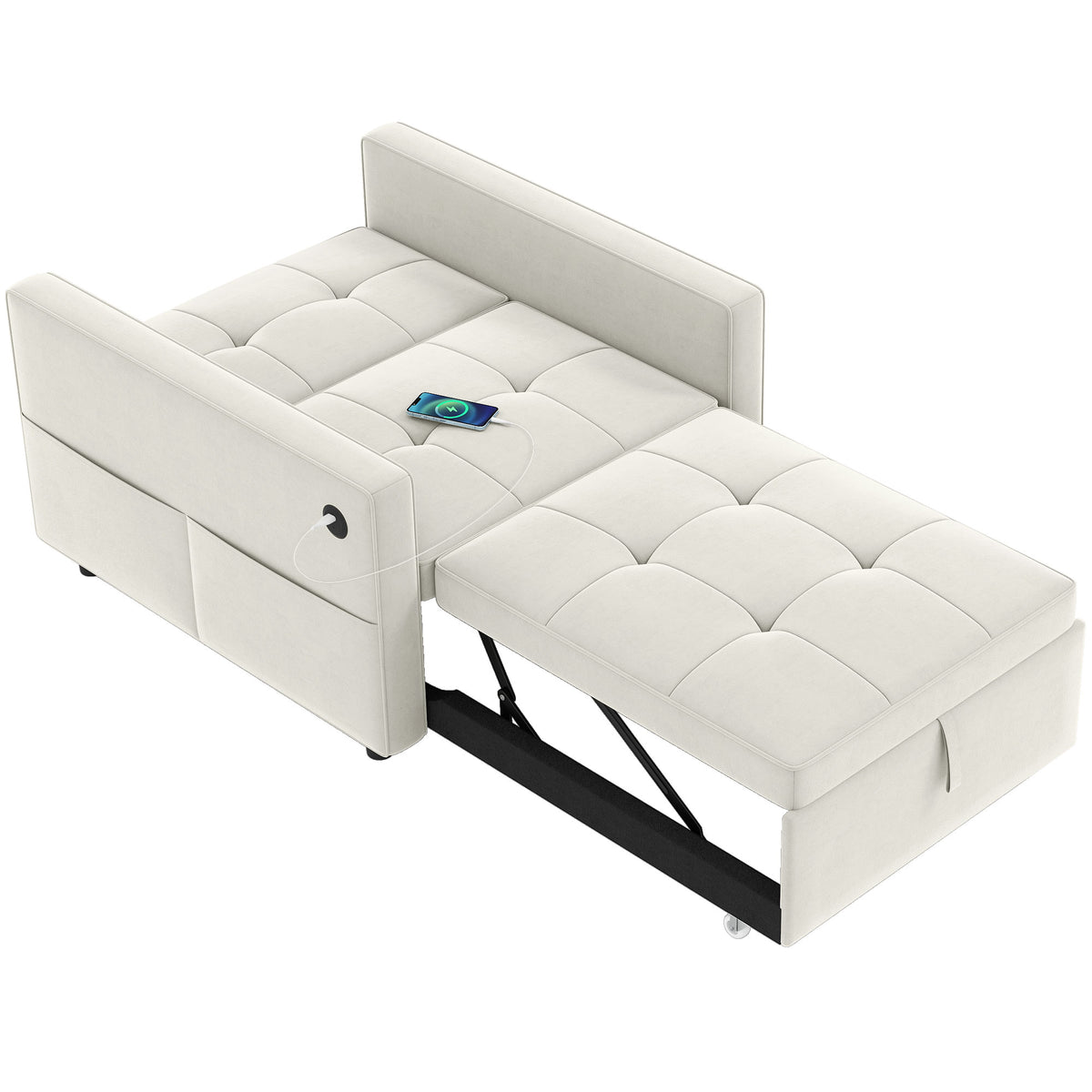 Convertible Chair Bed, Pull Out Sleeper Chair with USB, Adjustable Backrest, Small Velvet Futon Sofa Bed