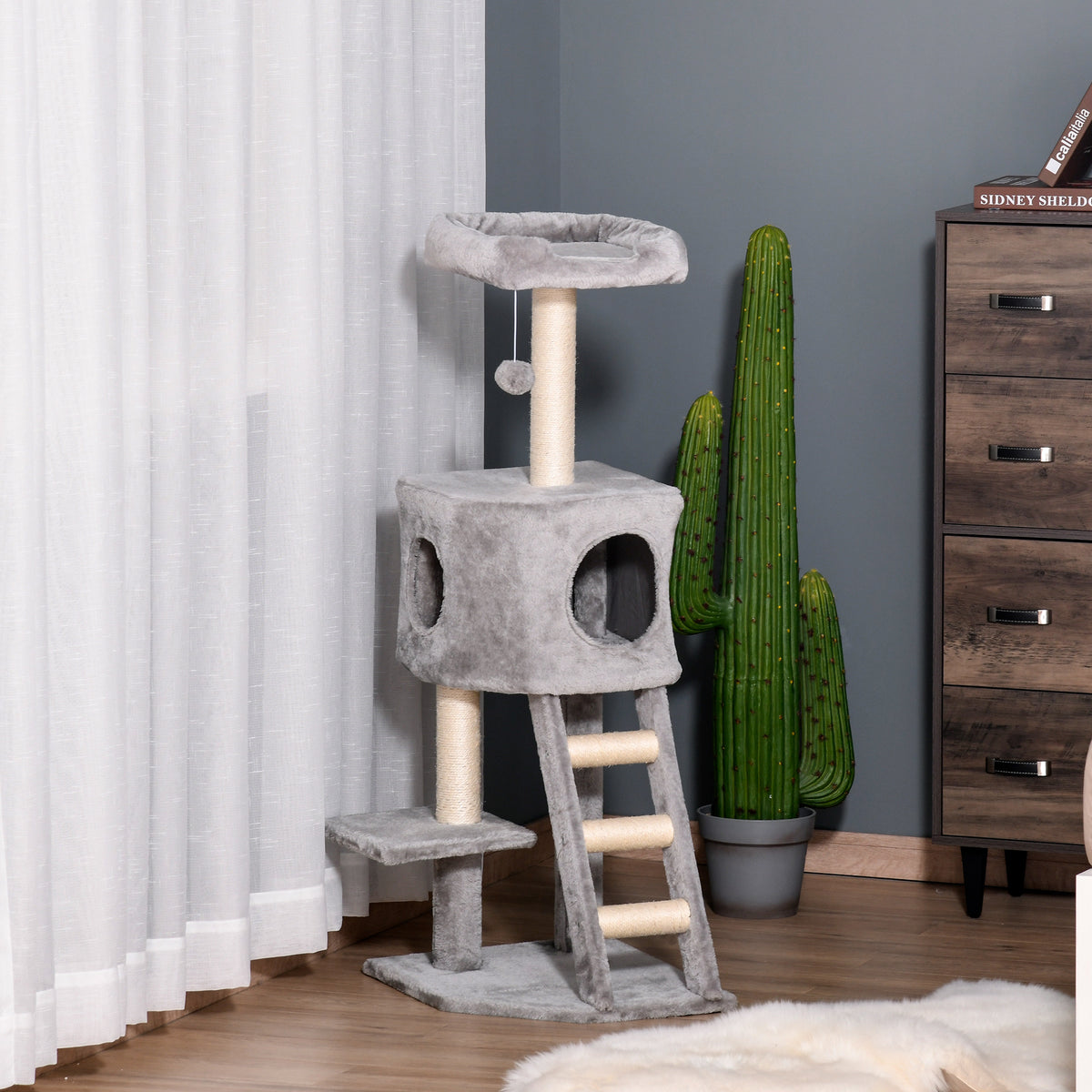 47" Tall Cat Tree Tower with Condo, Ladder, Scratching Posts and Hanging Ball, Light Grey – view 7
