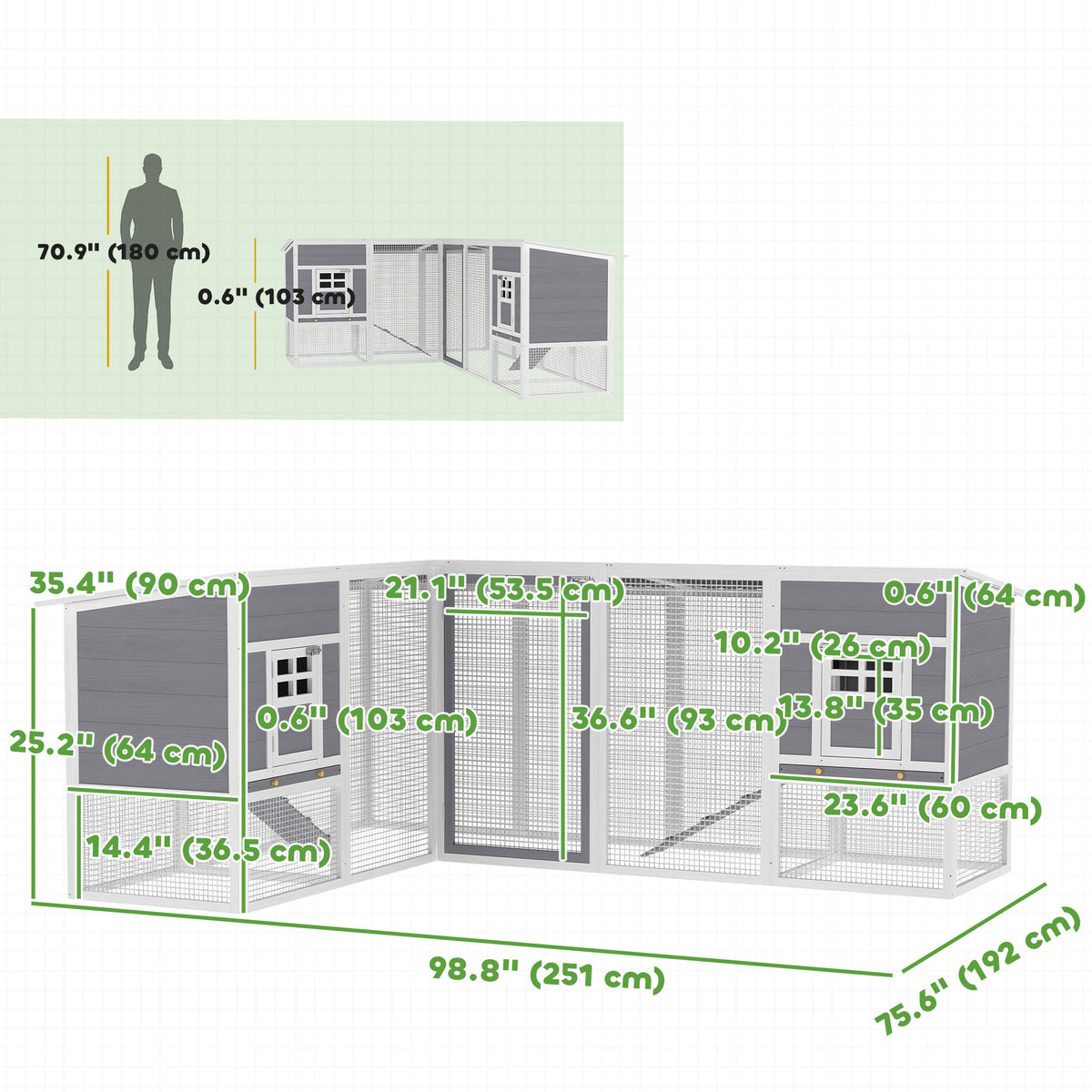 Chicken Coop with Run, L-Shaped Wooden Chicken House with 2 Houses, Outdoor Hen House with Waterproof Roof and Ramps