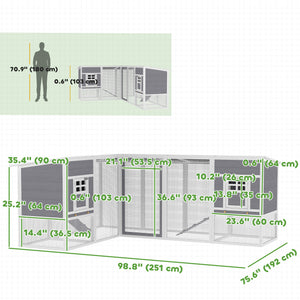Chicken Coop with Run, L-Shaped Wooden Chicken House with 2 Houses, Outdoor Hen House with Waterproof Roof and Ramps