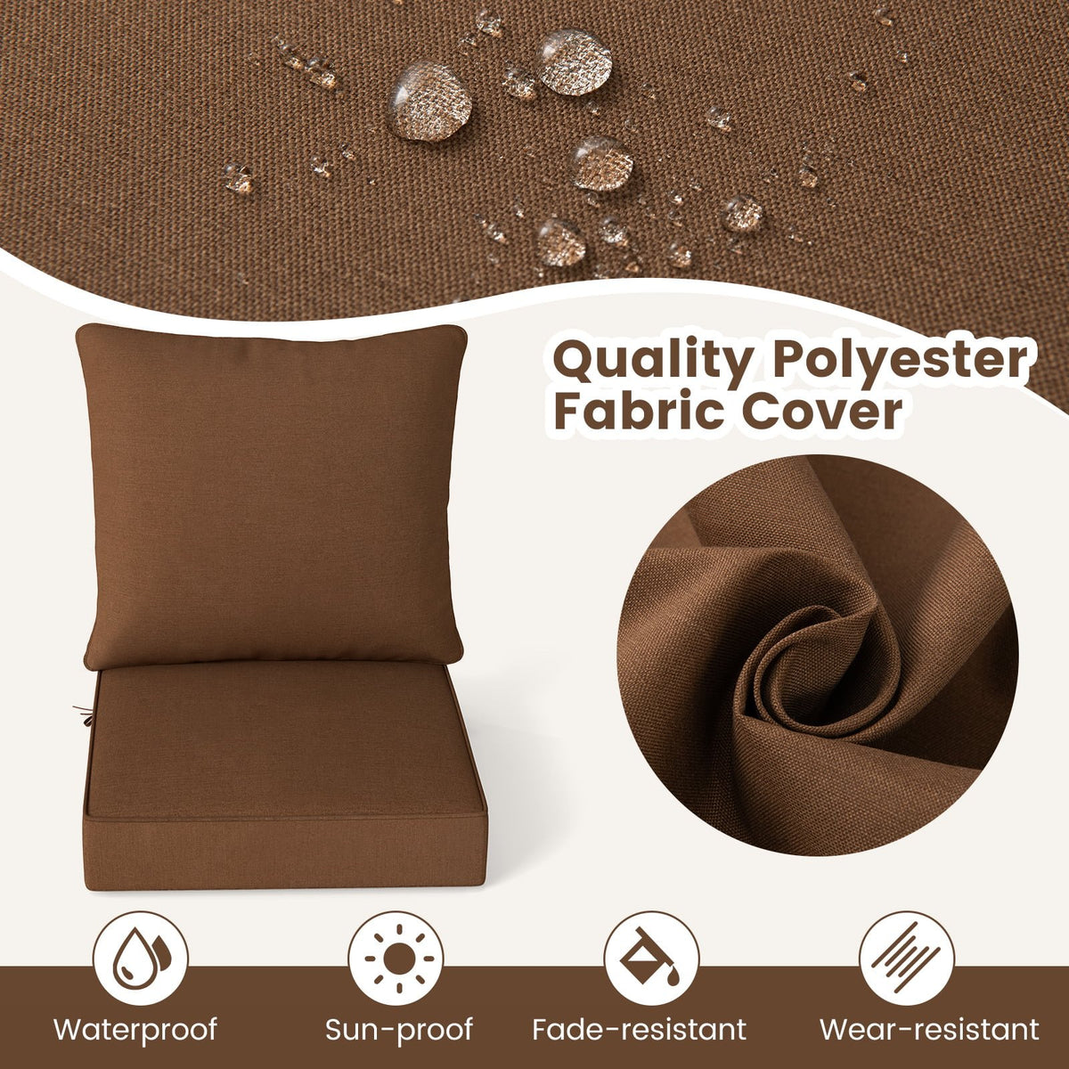 Deep Seat Chair Cushion Pads Set with Rope Belts for Indoor and Outdoor-Brown view 6